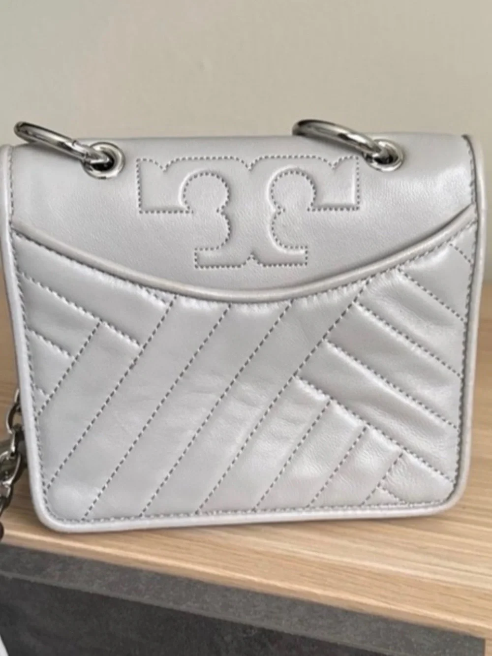 Tory Burch White Quilted Leather Mini Crossbody with Chain Strap